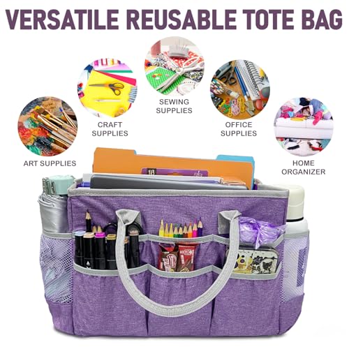 Cupohus Craft Organizer Tote Bag – Craft Caddy with 2 Mesh Side Pockets & Front Elastic Pockets, Foldable Large Capacity Supply Storage Bag for Sewing, Knitting, Painting, and Travel (Purple) - color: Purple