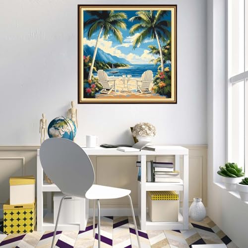 Redxing Counted Cross Stitch Kit for Beginners,Unprinted Needlepoint Kits for Beginners Cross Stitching Embroidery Kit 11CT Stitches kit-Rest by the Seaside 18x18 inch - color: KitsColor09