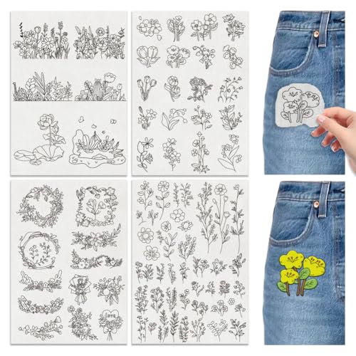 4 Sheets Water Soluble Embroidery Stabilizers 11.69x8.27 Inches Pocket Flower Stick and Stitch Embroidery Paper Adhesive Embroidery Transfer Paper for Shirts Coats Bags - style: Pocket Flower