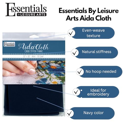 Essentials By Leisure Arts Aida Cloth, 18 Count, Navy Cross Stitch Fabric, Embroidery Fabric, Cross Stitch Supplies for Crafting, Stitching, and Sewing Projects 30X36