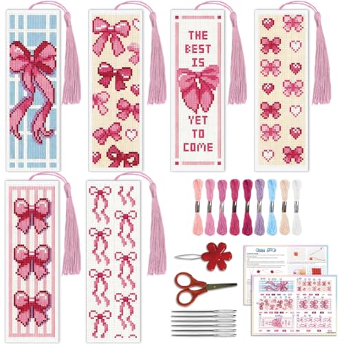 ACRNIGHEET 6PCS Cross Stitch Bookmark Kit for Beginner Cute Pink Bow Stamped Cross Stitch Kits Needlepoint Kit for Adults DIY Tassel Embroidery Bookmark Kits with Instructions Craft Gift 8.5"x3" 11CT - style: Pink Bow Patterns