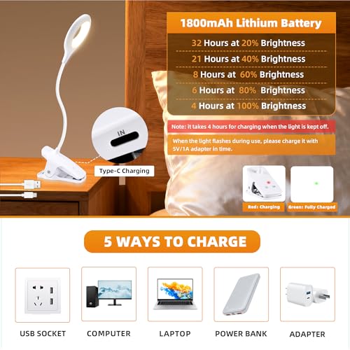 Akynite Clip on Light LED Desk Lamp 5 Brightness+5 Colors Rechargeable Lamp - color: White