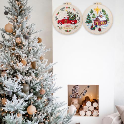 FONNUY Crewel Christmas Embroidery Kit for Beginners, Cross Stitch Set Winter Snow Scene Pine Owl Pattern for Adults, Easy to Follow Color Thread Needlework, 8'' Hoop (Tree 1) - style: Tree 1