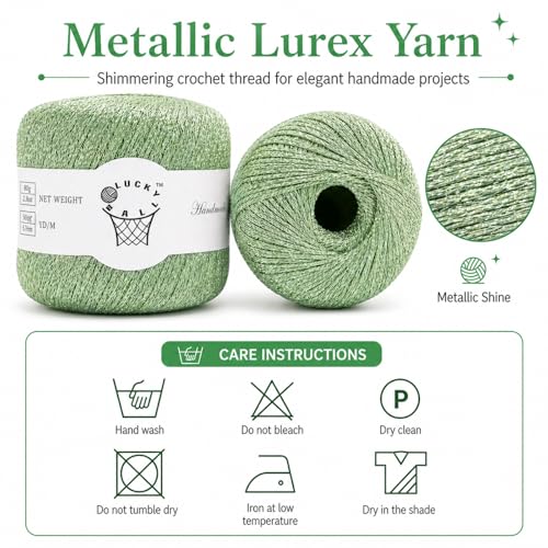 2PCS Metallic Crochet Thread Yarn for Crocheting,Lurex Thread Round Band Yarn with Sparkle Shine for Clothes, Car Charm, Keychain Charm(Light Green) - color: 04