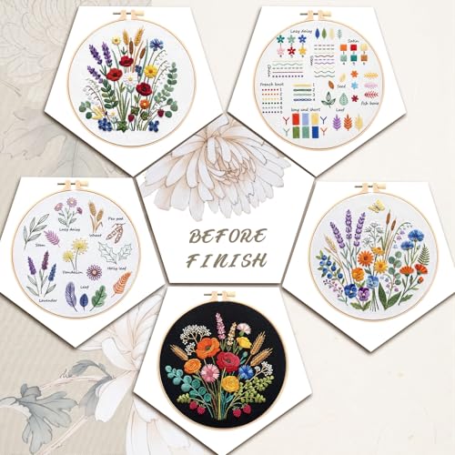 Yinder 5 Set Embroidery Kit for Beginner Starter Kit, Flowers - style: Flowers