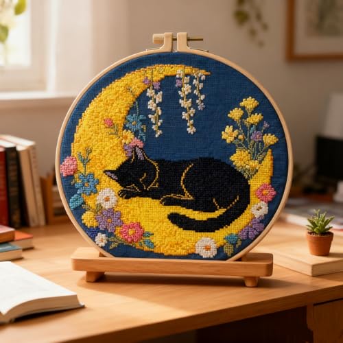LSLFQYQSK Beginners Embroidery Kits - The Little Cat at Night DIY Cross Stitch Kits,Including,Stamped Flower Patterns,Hoop,Color Threads,Tools (Style A) - style: Style A
