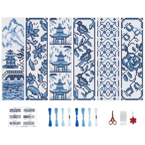BEUNITONE Cross Stitch Bookmark Kit 6 Pcs Watercolor DIY Bookmarks Cross Stitch Kits for Beginners Birds Flower Stamped Embroidery Bookmark with Landscape Patterns Craft Kit for Gifts 8''x2.4'' - style: Blue and White Porcelain Pattern