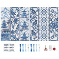 BEUNITONE Cross Stitch Bookmark Kit 6 Pcs Watercolor DIY Bookmarks Cross Stitch Kits for Beginners Birds Flower Stamped Embroidery Bookmark with Landscape Patterns Craft Kit for Gifts 8''x2.4'' - style: Blue and White Porcelain Pattern