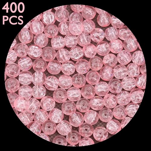 400PCs 4mm Pink Crackle Glass Beads Bulk, Round Smooth Hole Glass Crystal Beads for Jewelry Making, DIY Bracelets, Necklaces, Bag Charms, Keychains and Craft Projects - color: Pink Crackle, size: 4MM