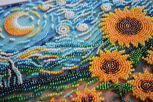 Wizardi Bead Embroidery kit - Sunflowers in Night's Embrace. Colorful Beads, Beading Needles. DIY Kit. Embroidery for Beginners. Home Decor. AMB-111 Abris Art - color: Sunflowers in night's embrace