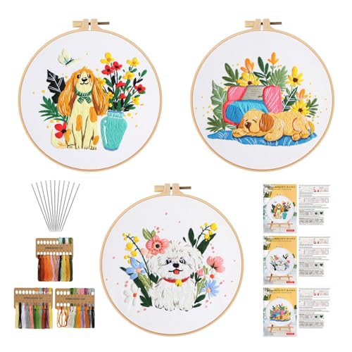 GLTAYLMY Cute Dogs Embroidery Kit for Beginners with Pattern and Instructions,3 Pack Cross Stitch Kits,1 Plastic Embroidery Hoops,Threads and Needles,Needlepoint Kit for Adults - color: Cute Dogs