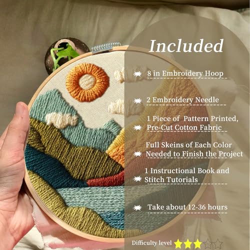 FONNUY Embroidery Kit for Beginners, Textured Vibrant Nature Landscape Pre-Stamped Pattern Kits for Adults with Hoop, Easy to Follow Color Thread Needlework, 8'' Hoop (Green 1) - color: Green 1