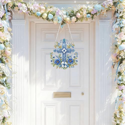 NAIMOER Cross Flowers Diamond Art Hanging Kits for Adults, 5D Special Shaped Rhinestone, DIY Acrylic Spring Diamond Art Painting Window Pendants Home Garden Wall Hanging Ornament Kits, Double Sided - color: Easter 10