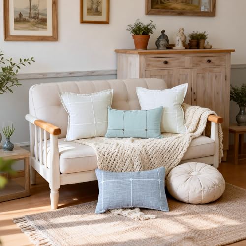 Beige Linen Plaid Throw Pillow Covers 18x18 Set of 1 - color: Plaid White, size: 18" x 18" (Pack of 1)
