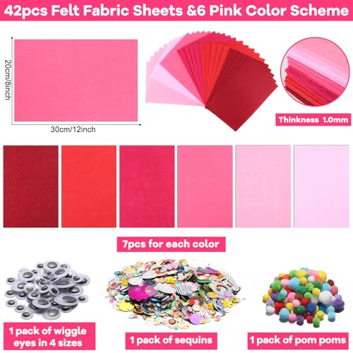 gisgfim 42Pcs Valentine's Day Pink Felt Fabric Sheets Craft Kit 8 x 12 Inch Assorted Soft Red Pink Felt Pack with Wiggle Eye Stickers Pom Poms Glitter Craft Supply for DIY Sewing Creative Art Project - style: Pink Series