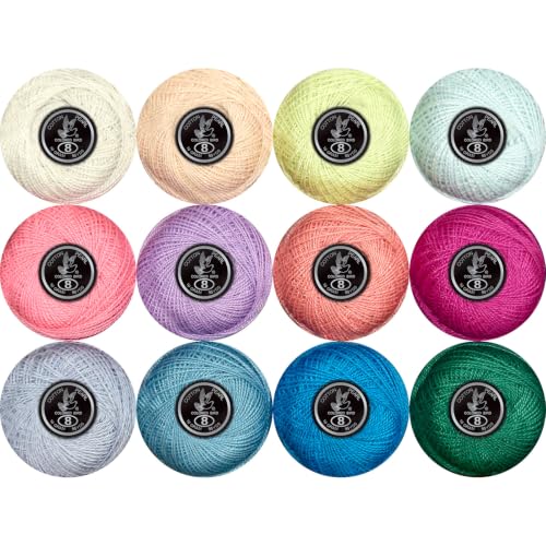 Double Mercerized Egyptian Long Staple Cotton Pearl Thread Ball 10 Grams Rainbow Color 12 Colors per Box for Crochet Hardanger Kniting Hand Sewing,Bright Vivid RainbowPalette - color: Brt Vivid Rainbow Palette