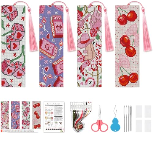 VIGEGU 4 Pack Coquette Pink Cross Stitch Bookmark Kits for Adult Beginners - color: Pink Coquette Cross Stitch Bookmark