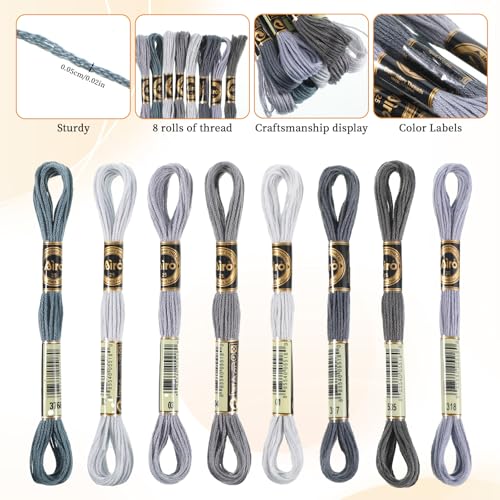 8 Skeins Gray Embroidery Thread 6 Ply Gradient Color Variegated Cross Stitch Floss Yarn Threads Friendship Bracelets String for Jewelry Making Sewing Bracelets Knitting Stitching Craft DIY