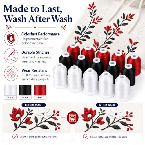 Simthread 15-Color Polyester Machine Embroidery Thread Set, 5W 5B 5R - color: 15C-White-Black-Red