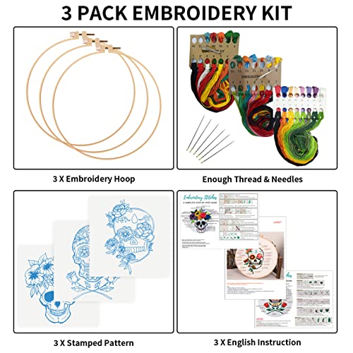Nuberlic 3 Pack Embroidery Kit for Beginners, Halloween Skull Cross Stitch - color: Kit 6