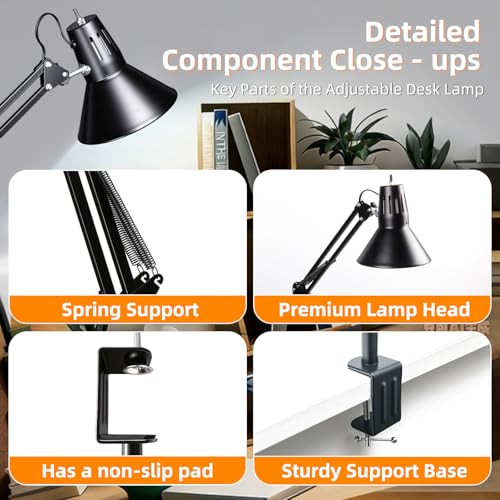 Black Desk Lamp with Clamp, Extra-Tall Adjustable Metal Swing Arm, 5000K - color: Black, size: 5000K Natural Daylight-Extra Long Swing Arm