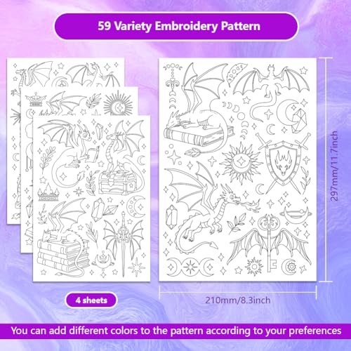 ORIGACH 4 Sheets Water Soluble Embroidery Patterns Stabilizers - Pre-Printed Mythical Dragon Shrubs Designs - Stick & Stitch Embroidery Paper for Hand Sewing Lovers - color: Dragon