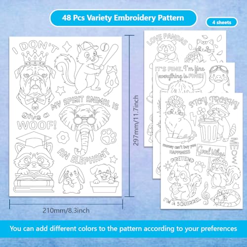 4 Sheets Water Soluble Embroidery Patterns Stabilizers Animals Theme Embroidery Stick and Stitch Paper with Pre-Printed Fun Style Patterns for Hand Sewing Lover Beginners - style: Funny Animals