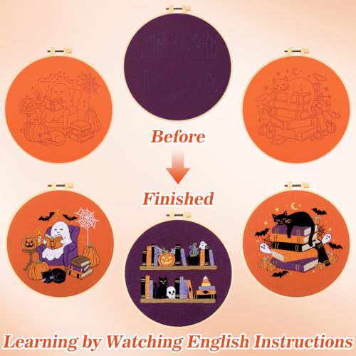 Mindsoft 3 Set Needlepoint Kit for Beginners with Hoop,Halloween Booklover - style: Halloween Booklover