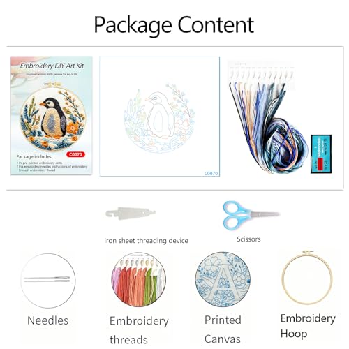 Zhenqing Penguin Embroidery Kit for Beginners, Cute Penguin Needlework Craft with Pre-Printed Cotton Fabric, Hoop, Threads & Tools, Animal Decor (C0070) - color: Penguin in Bloom