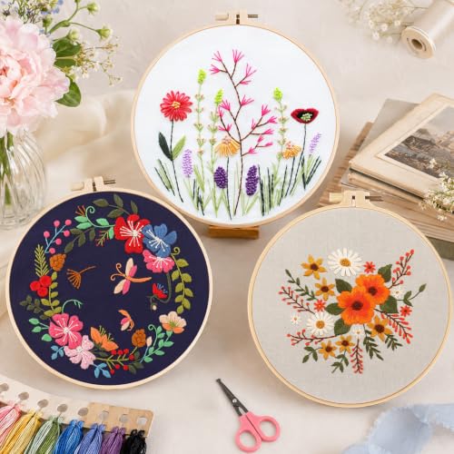 Meyocky Embroidery Kit for Beginners with Floral Leaf Patterns Stitch Video - color: Floral