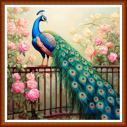 Funart Stamped Cross Stitch Kits for Beginners Full Range of Cross Stitching Preprinted Embroidery Kits for Adults, 11CT Embroidery Pattern Needlepoint Kits-Blue Peacock Flower 18x18 inc - color: ColorArt62