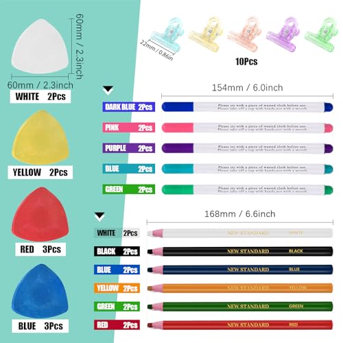 Swpeet 43Pcs Sewing Tools Kit, 10Pcs Professional Tailor's Chalk and 12Pcs Sewing Mark Pencil with 12Pcs 5 Color Disappearing Erasable Ink Fabric Marker Pen and 10Pcs Plastic Clips for Sewing Marking