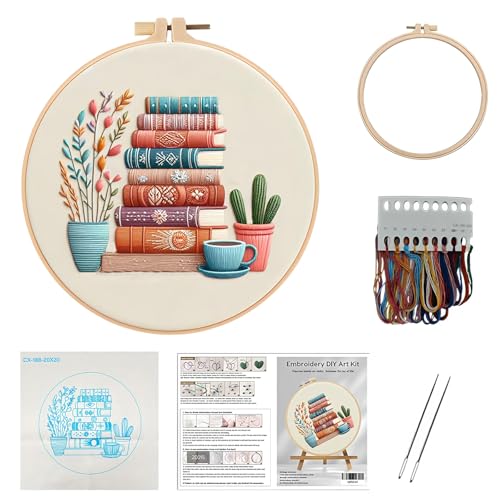 DIY Embroidery Kit for Beginners Adults, Stamped Books, Flowers & Coffee Pattern Embroidery Kit, Cross Stitch Set Include Embroidery Cloth Hoops Threads Needles Instruction, for Home Ofiice DIY Gift