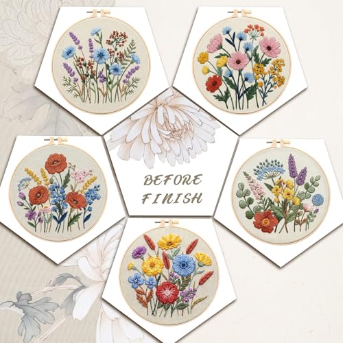 Yinder 5 Set Embroidery Kit for Beginner Starter Kit, Wildflowers - style: Wildflowers