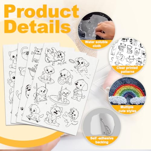 Hobbspring 4 Sheets Cat Dog Water Soluble Embroidery Stabilizers 11.69x8.27 Inches Stick and Stitch Embroidery Paper Adhesive Embroidery Transfer Paper for Hand Sewing Lover Beginners