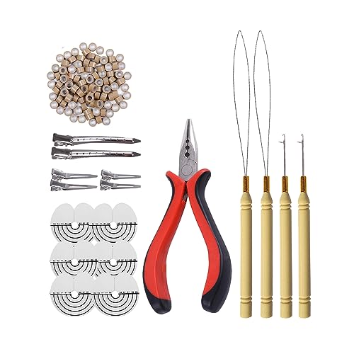 200pcs Silicone Micro Rings Hair Extension Tools Kit: Three-hole Hair Pliers, Micro Pulling Needle, Loop Threader and Silicone Micro Links (Dark blonde) - color: Dark blonde, size: 200 Count