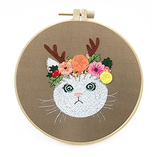 Mozzyyee Embroidery Starter kit, DIY Adult Beginner Embroidery Kits, Including Cloth with Cat Patterns, Colored Threads, Needles, Hoops and Instructions (Gray) - color: Gray