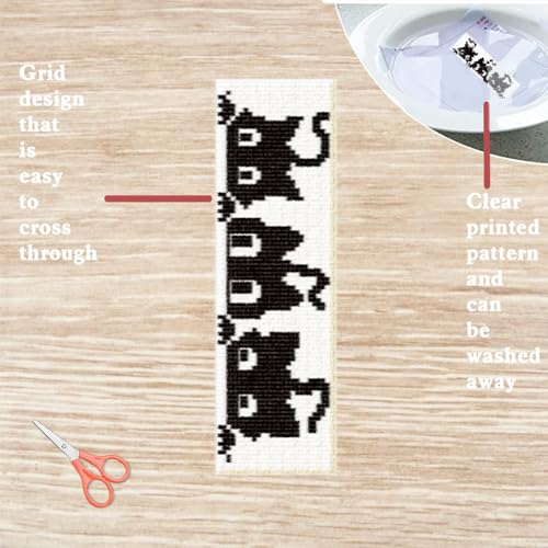 FREEBLOSS 6 Set Cross Stitch Bookmark Kits 11CT 8"x2.4" Black Cat Theme - style: Sketched kitten