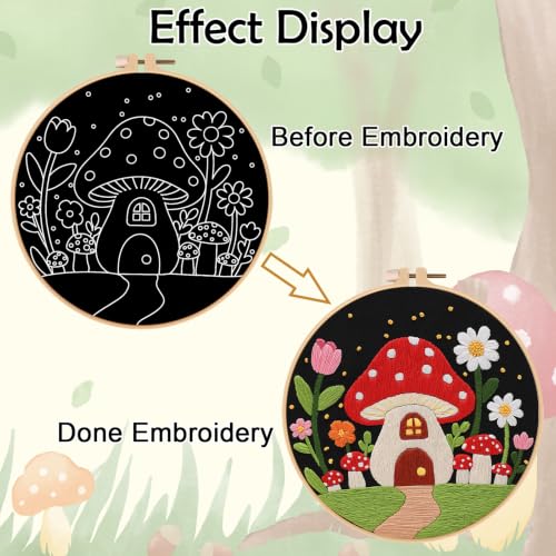 Louise Maelys Embroidery Kit for Beginners, Mushroom House Pattern - color: Mushroom House
