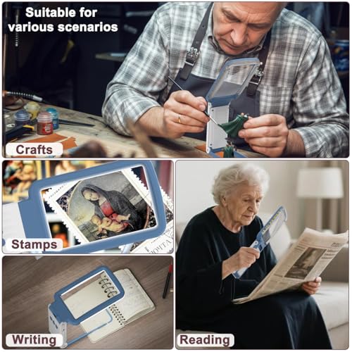 15X Magnifying Glass with Light and Stand, Real Glass Lens, Rechargeable Foldable Handheld Magnifier, 3 Color Modes Dimmable Lighted Page Magnifier for Reading Fine Prints, Seniors - Blue White - color: Blue White