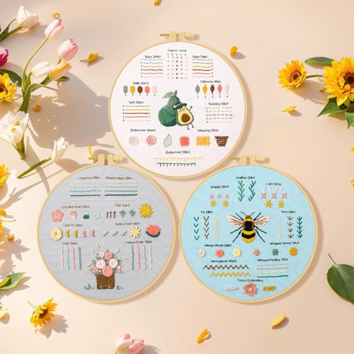 Ponpon 3 Sets Embroidery Kit for Beginners, Embroidery Kit for Adults with Follow Instruction, Cross Stitch Kits with Wooden Embroidery Hoops (Stlye D) - style: Stlye D