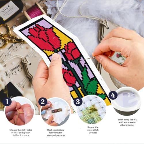 INFUNLY 6 Set Rose Window Cross Stitch Bookmark Kits for Beginners DIY Red Rose Embroidery Bookmark Kits with Instructions Flower Window Pre-Printed Bookmark Kit for Book Lovers Readers Women Gifts - style: Rose Window