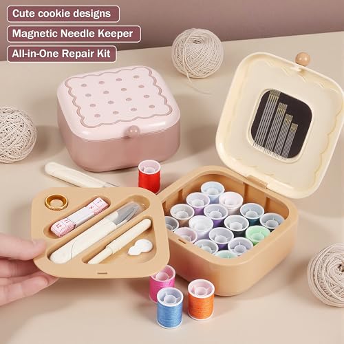 LOTOFUN Small Sewing Kit Box: Cookie Design Portable 2-Layer Organizer Magnetic Needle and Thread Kits Holder Basic Case - Travel Emergency Clothes Repair for Adults (Beige) - color: Beige