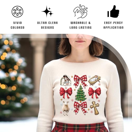 Dazoratix Christmas Christian Iron on Transfers - 24 Sheets Jesus Nativity DTF Ready to Press Heat Patches Bible Religious Faith Xmas Stickers Vinyl Decals for T Shirts Clothes Hoodie Pillow DIY Craft - style: Christmas Christian