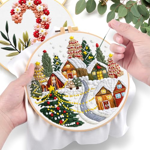 ERKOON Embroidery Kit for Beginners, 5 Sets Christmas Cross Stitch Set for Adults Include Embroidery Cloth Hoops Threads for Craft Lover Hand Stitch with Skill Techniques (Christmas#2) - color: Christmas#2