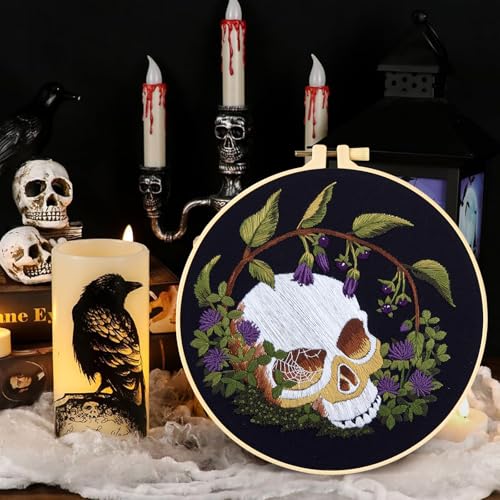 Gothic Skull Embroidery Starter Kits for Beginners Adults, Halloween Stamped Cross Stitch Kit for Beginners Adults, Flowers Hand Embroidery Needlepoint Kit, 2 Embroidery Hoop (Attached Video Tutorial) - color: Skull, size: 8inch