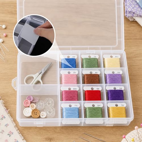 Embroidery Floss Organizer, Cross Stitch Thread Storage Box with Removable 14 Compartments Embroidery Thread Organizer Includes 120 Plastic Bobbins, Stickers, Bobbin Winder for DIY Sewing Crafts