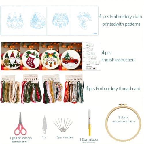 Zhenqing Christmas Embroidery Kit for Beginners - 4 Piece 29x29cm Round Hoop Art with Pre-Printed Cotton Fabric, Embroidery Hoop, Threads & Tools (Merry Christmas, Stocking, Truck, Gnomes) - style: Merry Christmas+Stocking +Truck+Gnomes