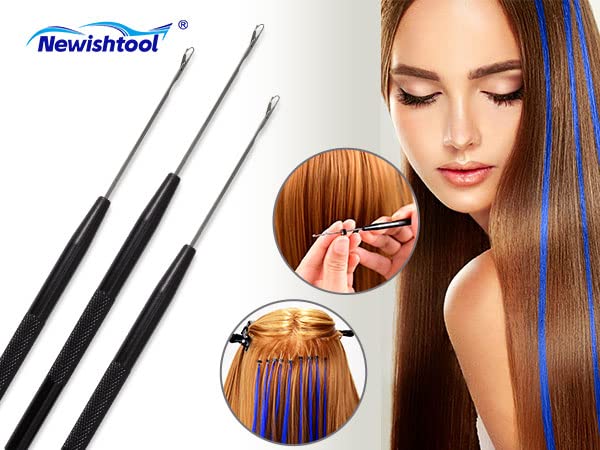 NEWISHTOOL Stainless Steel Hair Extensions Loop Needle Pulling Hook Tool, 3 PCS Micro Needle Threader Wire Pulling Crochet Hook Tools for Silicone MicroLink Beads Rings and Feathers Extensions - color: Black, size: Pulling Hook