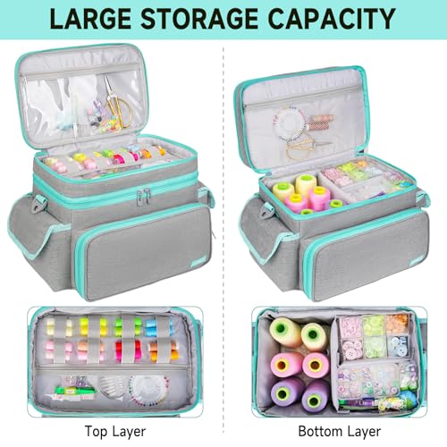LEFOR·Z Large Sewing Supplies Organizer Bag(13 x 8 x 9 in),Sewing Basket - color: Grey/Green